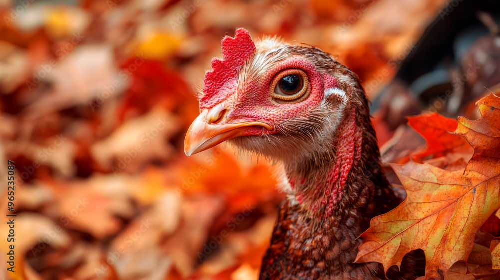Close-up of a rooster's head with fall foliage in the background. the rooster's eye is looking directly at the camera. the colors of the fall leaves and the rooster's feathers are vibrant and warm. Close-up of a rooster's head with fall foliage in the background. the rooster's eye is looking directly at the camera. the colors of the fall leaves and the rooster's feathers are vibrant and warm.