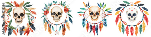 Vibrant and artistic skull illustrations adorned with colorful feathers, perfect for creative projects and Halloween themes. photo