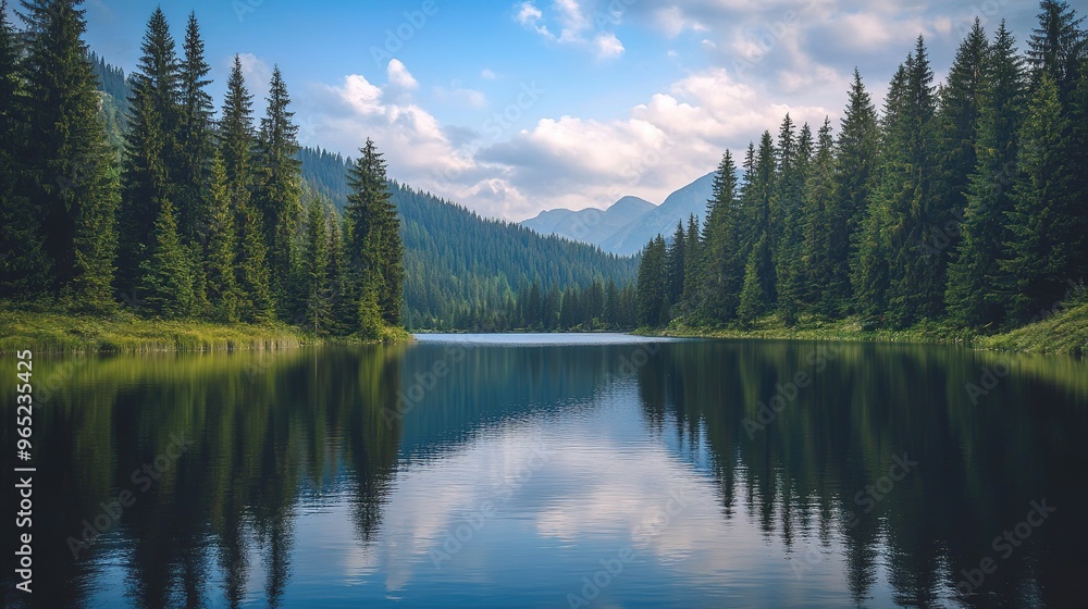 A serene mountain lake surrounded by tall pine trees, with a reflection of the sky on the still water A serene mountain lake surrounded by tall pine trees, with a reflection of the sky on the still water