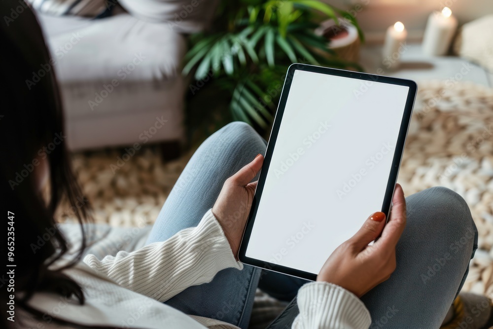 Naklejka premium Closeup of a woman holding digital tablet with a white screen mock up at home