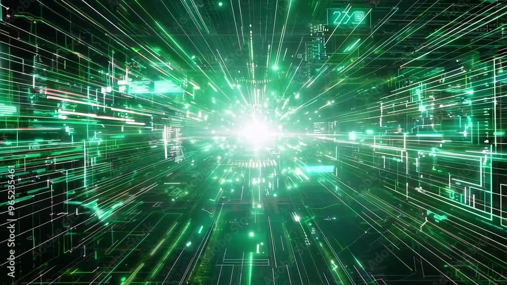 Futuristic Data Stream with Green Neon Light Burst in Motion Futuristic Data Stream with Green Neon Light Burst in Motion