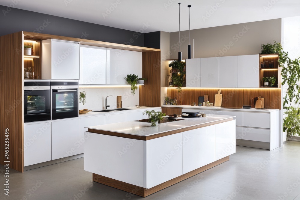 Fototapeta premium A clean, minimalist kitchen with balanced decor, emphasizing functionality and simplicity.