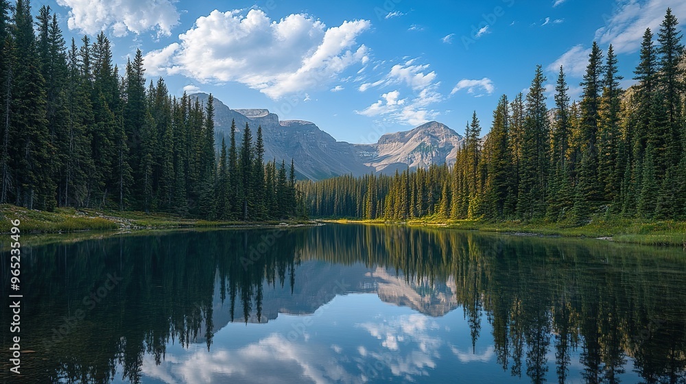 A serene mountain lake surrounded by tall pine trees, with a reflection of the sky on the still water A serene mountain lake surrounded by tall pine trees, with a reflection of the sky on the still water