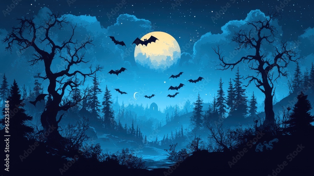 A Halloween vector of a spooky forest with twisted trees and flying bats A Halloween vector of a spooky forest with twisted trees and flying bats