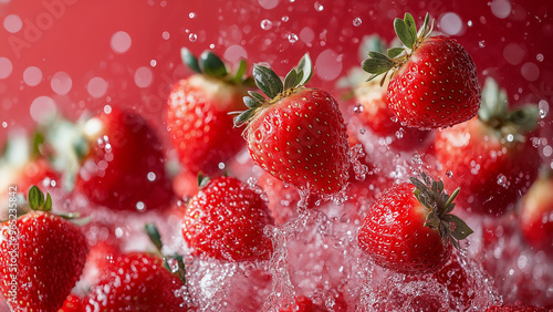 Floating fresh strawberries with water droplets in motion against vibrant red background