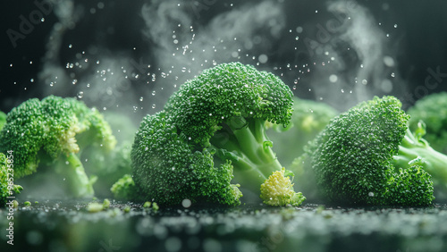 Fresh broccoli florets with water splash and droplets, Organic green vegetable close-up with rising steam effect photo