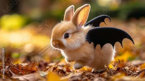 Cute Bunny With Bat Wings In Autumn Leaves. Halloween Costume, Adorable Animal. photo