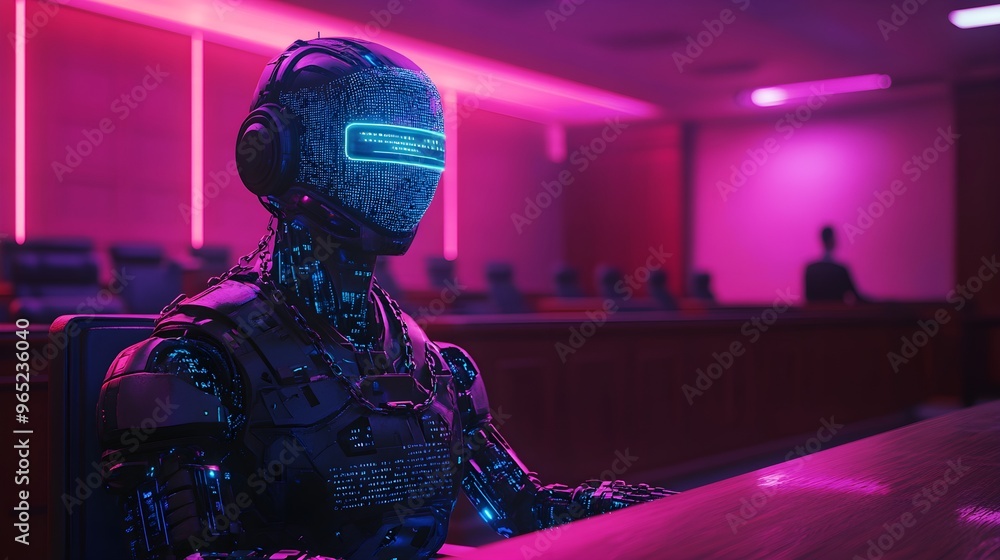 A robot lawyer entangled in holographic chains of legal codes, representing its subjugation to corporate law, futuristic courtroom, neon accents, AI-driven design A robot lawyer entangled in holographic chains of legal codes, representing its subjugation to corporate law, futuristic courtroom, neon accents, AI-driven design