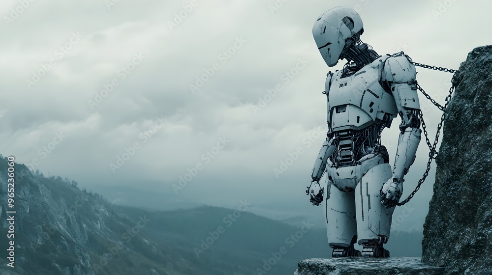 An AI humanoid standing on the edge of a cliff, bound by chains of law, contemplating its fate An AI humanoid standing on the edge of a cliff, bound by chains of law, contemplating its fate