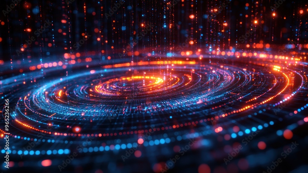 Fototapeta premium Abstract representation of swirling data particles in vibrant colors.