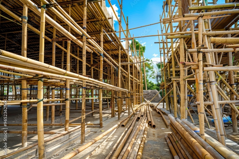 Construction site using sustainable bamboo scaffolding, reducing carbon emissions and promoting Construction site using sustainable bamboo scaffolding, reducing carbon emissions and promoting