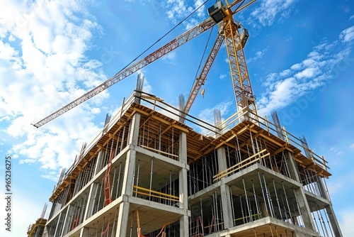 construction site and yellow crane on the background blue sky