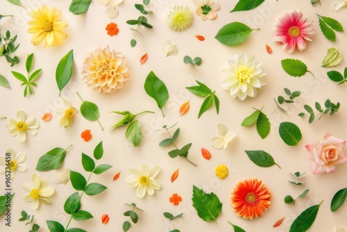 Wallpaper Mural Creative layout made of flowers and leaves. Flat lay. Nature concept. Floral Greeting card. Colorful spring flower Torontodigital.ca