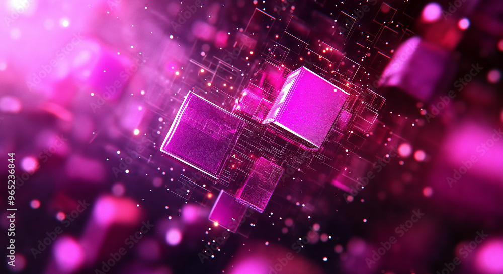 Abstract quantum computing concept with glowing pink and purple digital cubes in futuristic cyberspace Abstract quantum computing concept with glowing pink and purple digital cubes in futuristic cyberspace