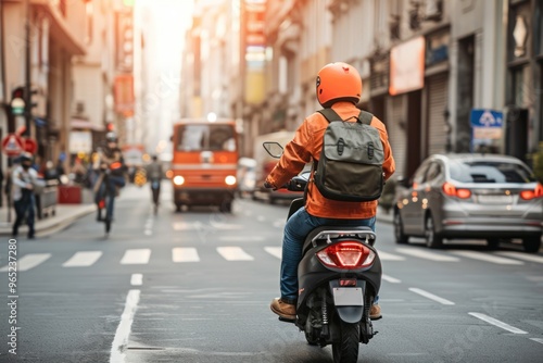 Delivery man on scooter driving on the street of city. Food delivery app