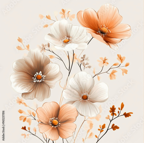 flowers, autumn color pallete beige and peach and Warm Brown, summer flowers , white background