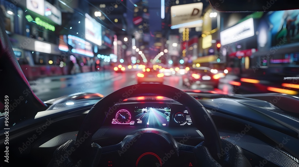 Driver's view of city street at night from inside a car. Driver's view of city street at night from inside a car.