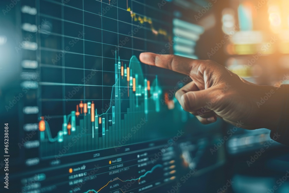 Economy growth financial data concept and investment market profit, Businessman pointing finger to growth Economy growth financial data concept and investment market profit, Businessman pointing finger to growth