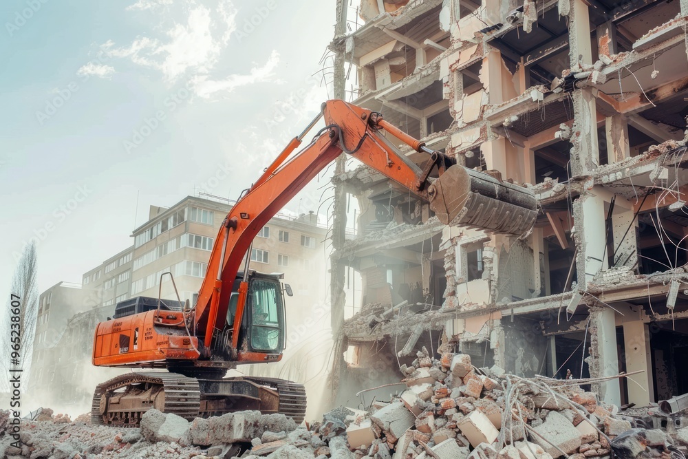 excavator at work in the site destroying the building excavator at work in the site destroying the building