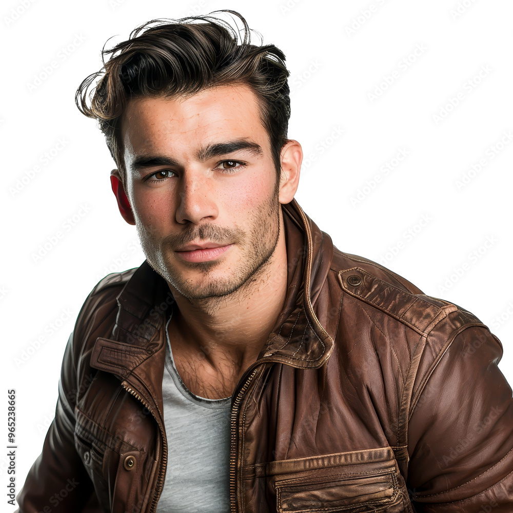 Fototapeta premium Young man posing confidently in a brown leather jacket against a plain transparent background during a studio photoshoot