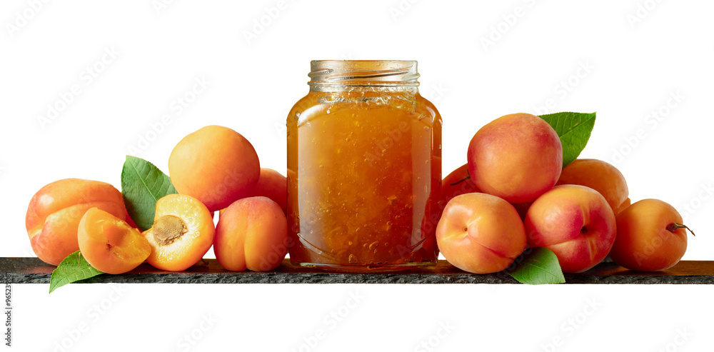 Apricot jam in glass jar and fresh fruits. Apricot jam in glass jar and fresh fruits.