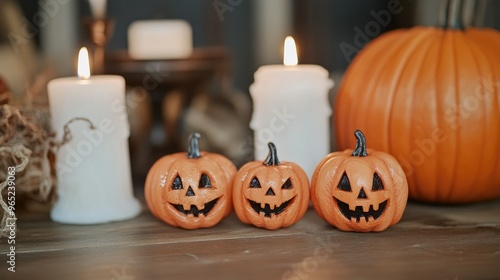 Halloween Pumpkins And Candles On Wooden.