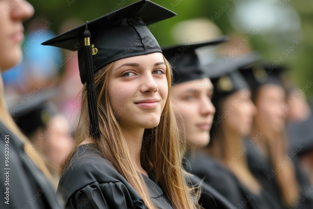 Fototapeta premium Female college student standing among her peers at graduation