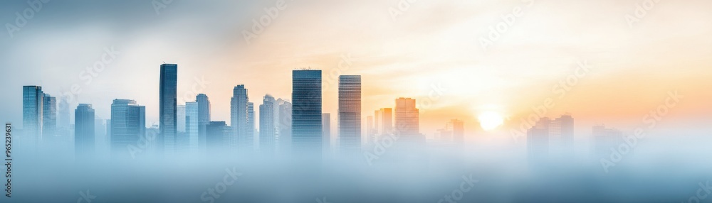 A serene skyline emerging from fog during sunrise, showcasing city architecture against a soft pastel sky. A serene skyline emerging from fog during sunrise, showcasing city architecture against a soft pastel sky.