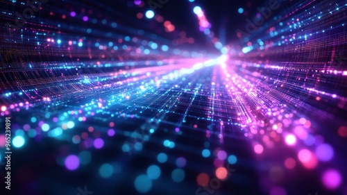 Abstract digital visualization with vibrant light trails and particles.