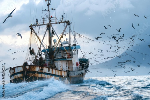 fishing ship or boat with fishermen and birds flying photo