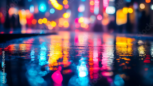 Colorful City Lights Reflected Abstract Background - Wet Asphalt Road