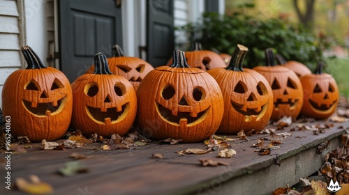 A row of jack-o'-lanterns with various expressions, sitting on a porch