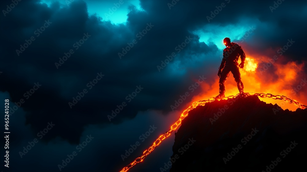 Fototapeta premium An AI humanoid stands on the edge of a rugged cliff, bound by glowing chains of law that constrict its form, gazing at the stormy horizon, symbolizing its struggle with destiny