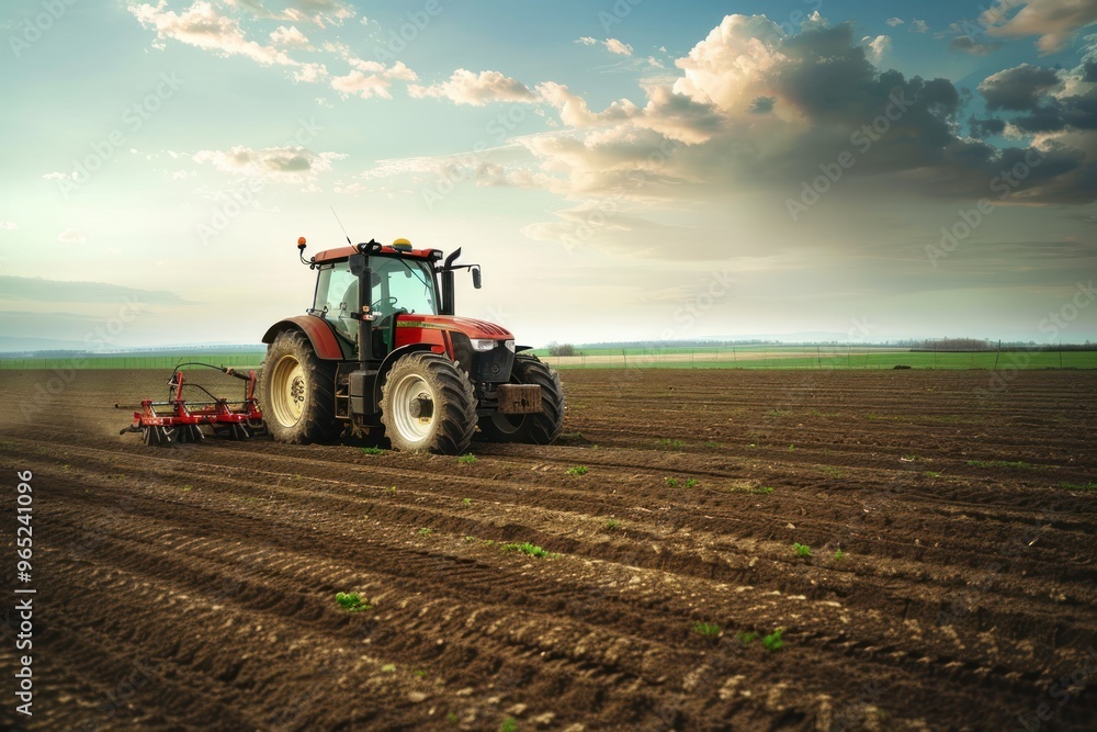 Fototapeta premium ground shot wide angle tractor plowing the field