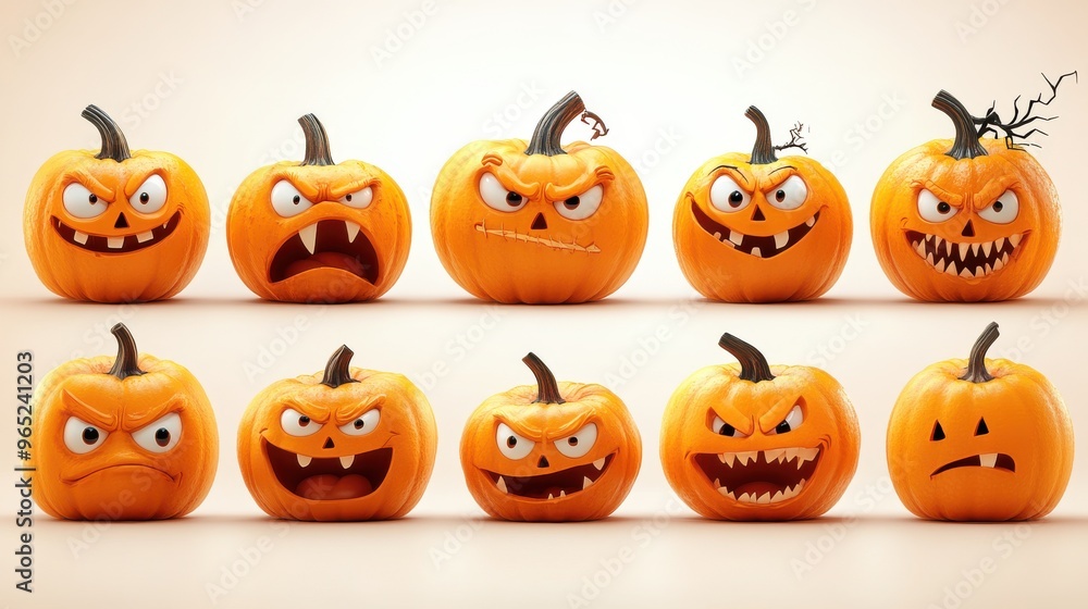 A set of Halloween pumpkin PNGs with various facial expressions A set of Halloween pumpkin PNGs with various facial expressions