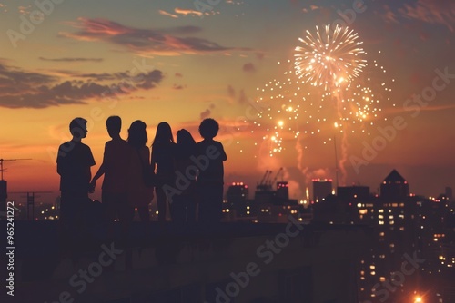 Group of people on roof top building and firework display festival in background, silhouette light