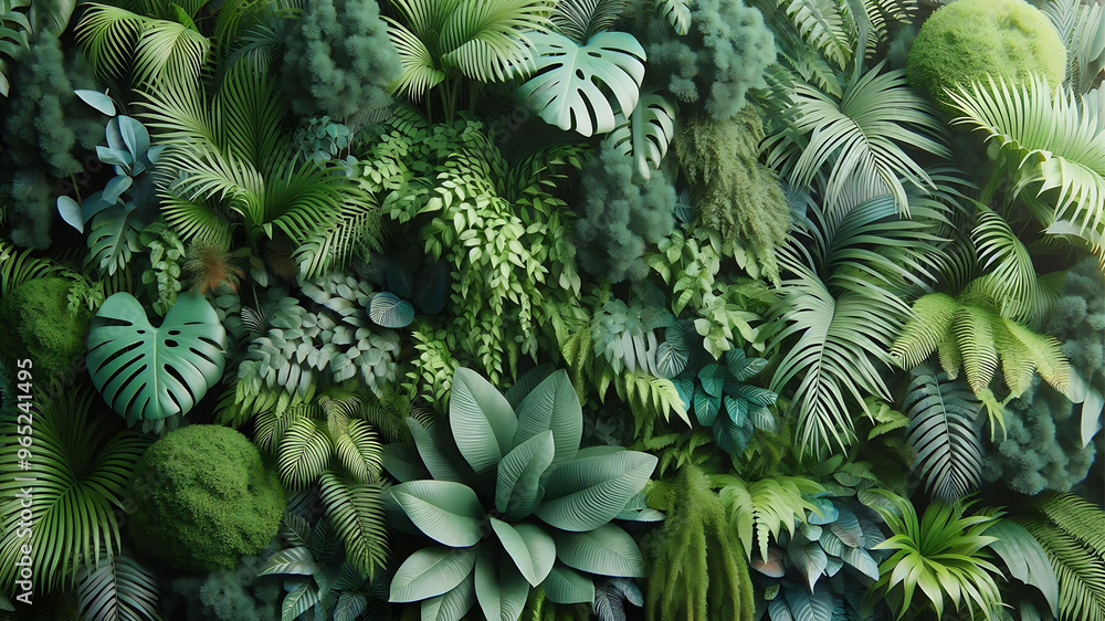 High-definition scene of a lush green bush composed of tropical plants like monstera. High-definition scene of a lush green bush composed of tropical plants like monstera.