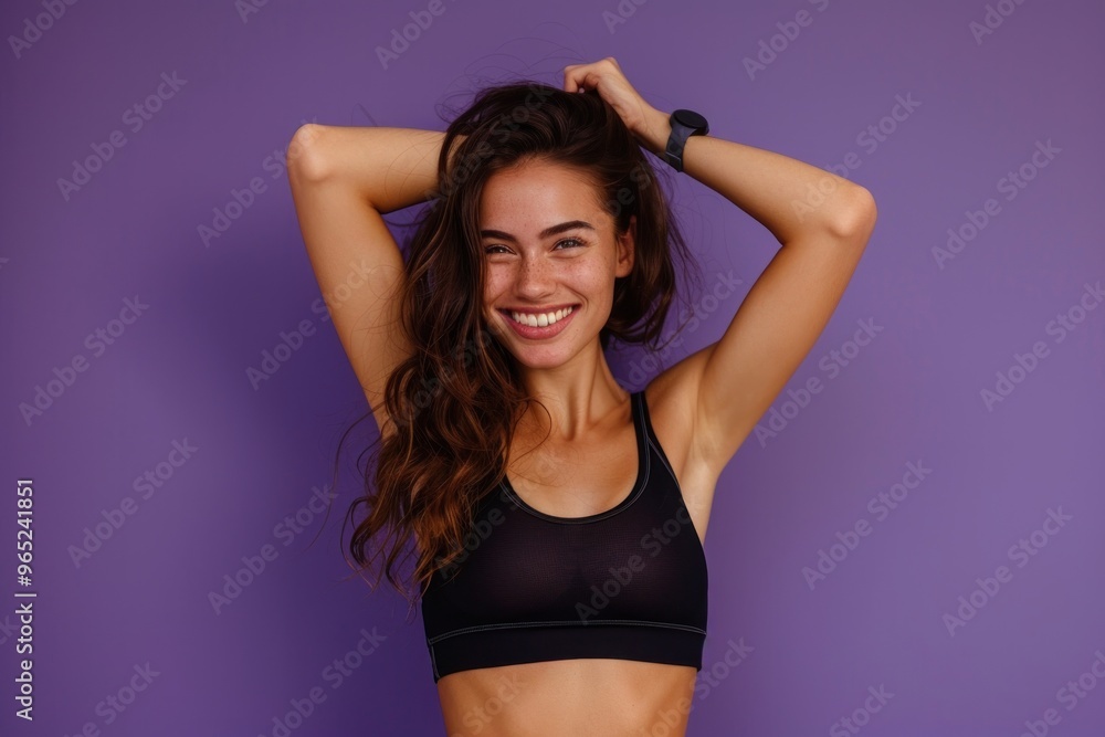 Fototapeta premium happy attractive sporty fit young woman on color background, fitness and health concept, sport banner