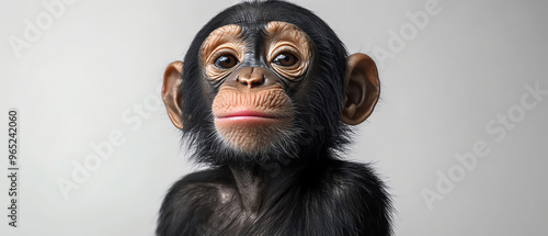 A chimpanzee with white background, sweet expression.