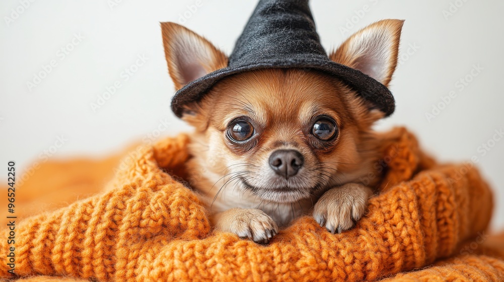 A small dog wearing a witch hat and cape, posing for Halloween, isolated on a white background A small dog wearing a witch hat and cape, posing for Halloween, isolated on a white background