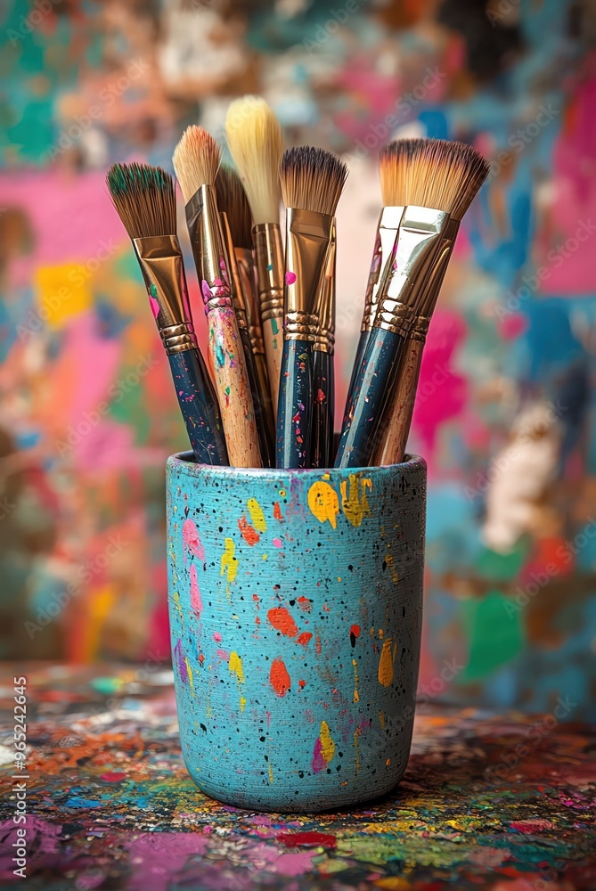 A paintsplattered cup holding brushes on a colorful artists workspace A paintsplattered cup holding brushes on a colorful artists workspace