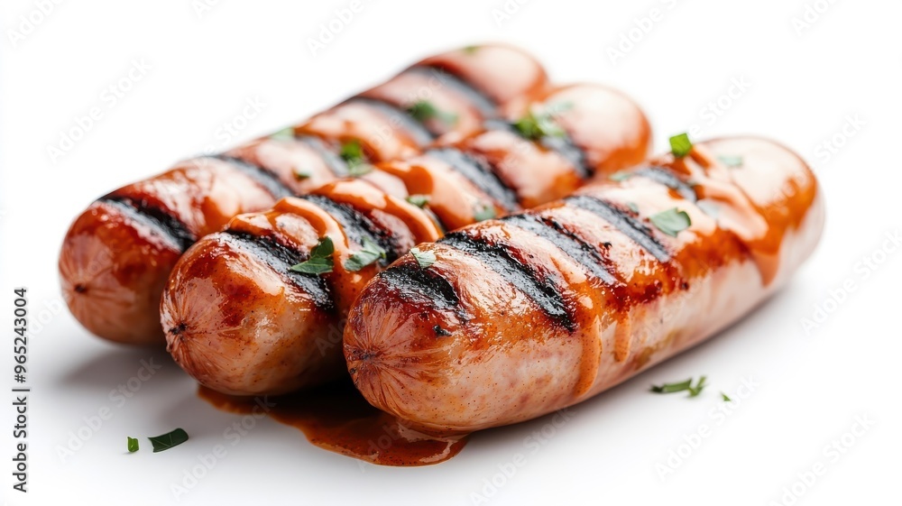 Currywurst isolated on a clean white background, emphasizing the details of the sausage and its curry sauce. Currywurst isolated on a clean white background, emphasizing the details of the sausage and its curry sauce.