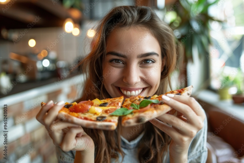 happy woman looking down and eating pizza slice with pears happy woman looking down and eating pizza slice with pears