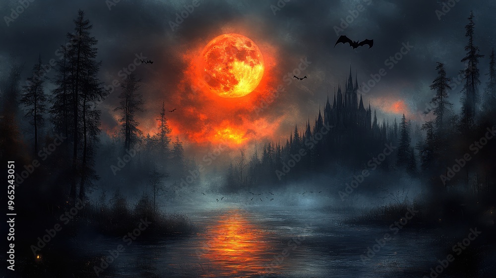 A spooky castle under a full Halloween moon, with dark clouds and bats flying, isolated on a white background A spooky castle under a full Halloween moon, with dark clouds and bats flying, isolated on a white background