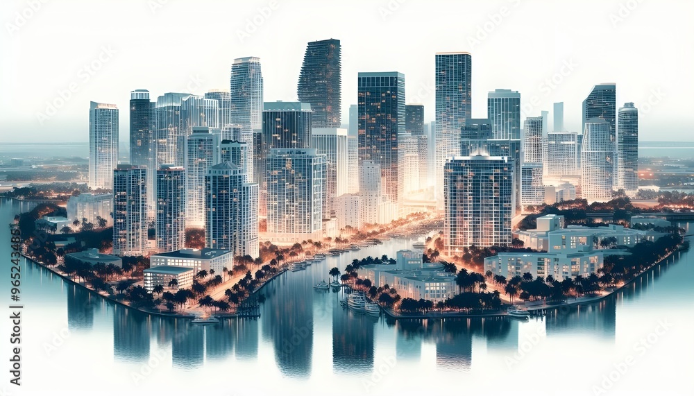 Naklejka premium Miami skyline at dusk with illuminated buildings reflecting in the water. The cityscape is set against a white background, highlighting the urban architecture