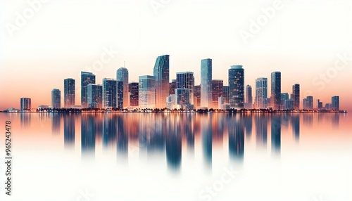 Miami skyline at dusk with illuminated buildings reflecting in the water. The cityscape is set against a white background, highlighting the urban architecture