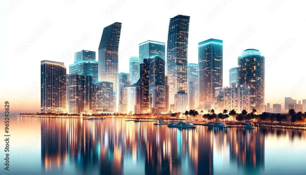 Fototapeta premium Miami skyline at dusk with illuminated buildings reflecting in the water. The cityscape is set against a white background, highlighting the urban architecture