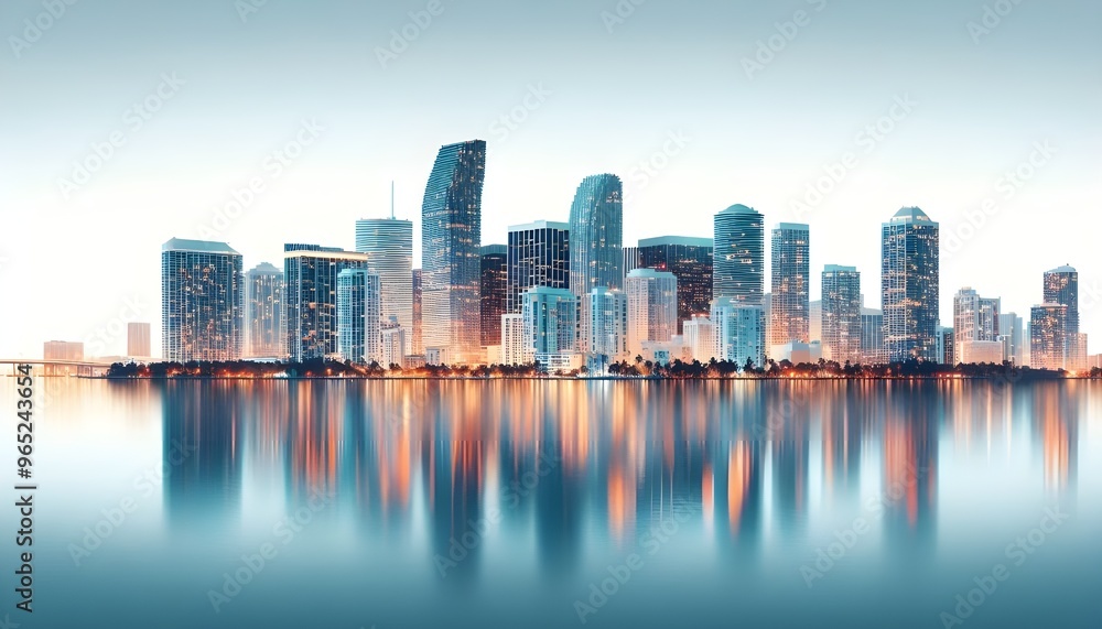 Fototapeta premium Miami skyline at dusk with illuminated buildings reflecting in the water. The cityscape is set against a white background, highlighting the urban architecture