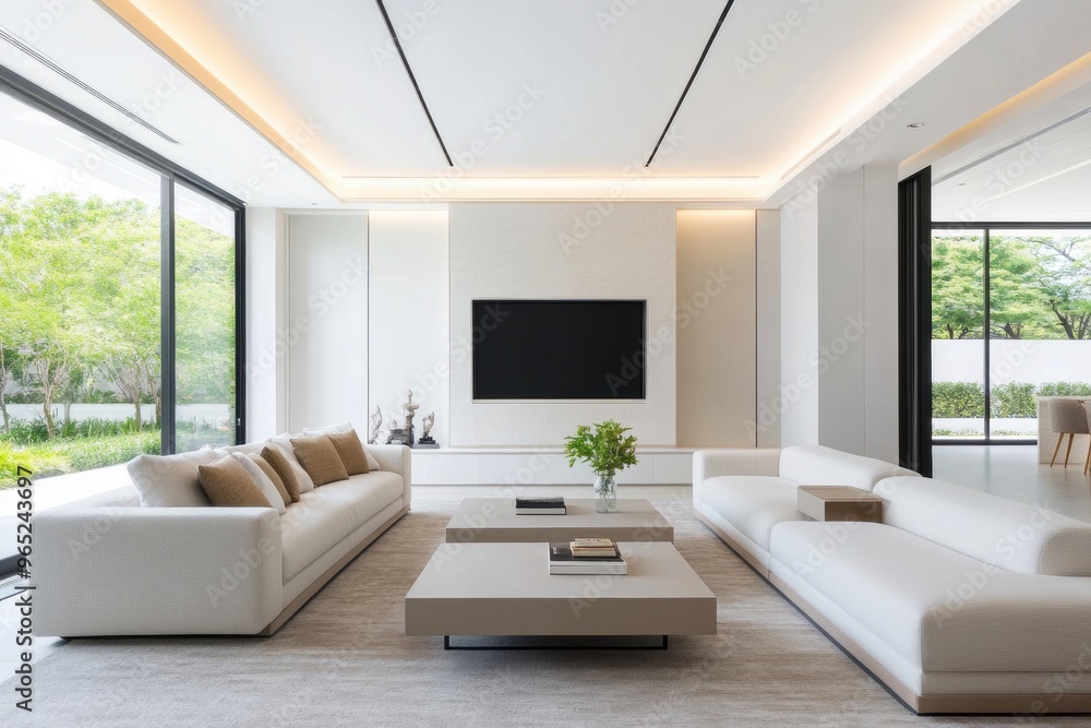 A minimalist, clean living room with a symmetrical design, showcasing modern simplicity and balance. A minimalist, clean living room with a symmetrical design, showcasing modern simplicity and balance.