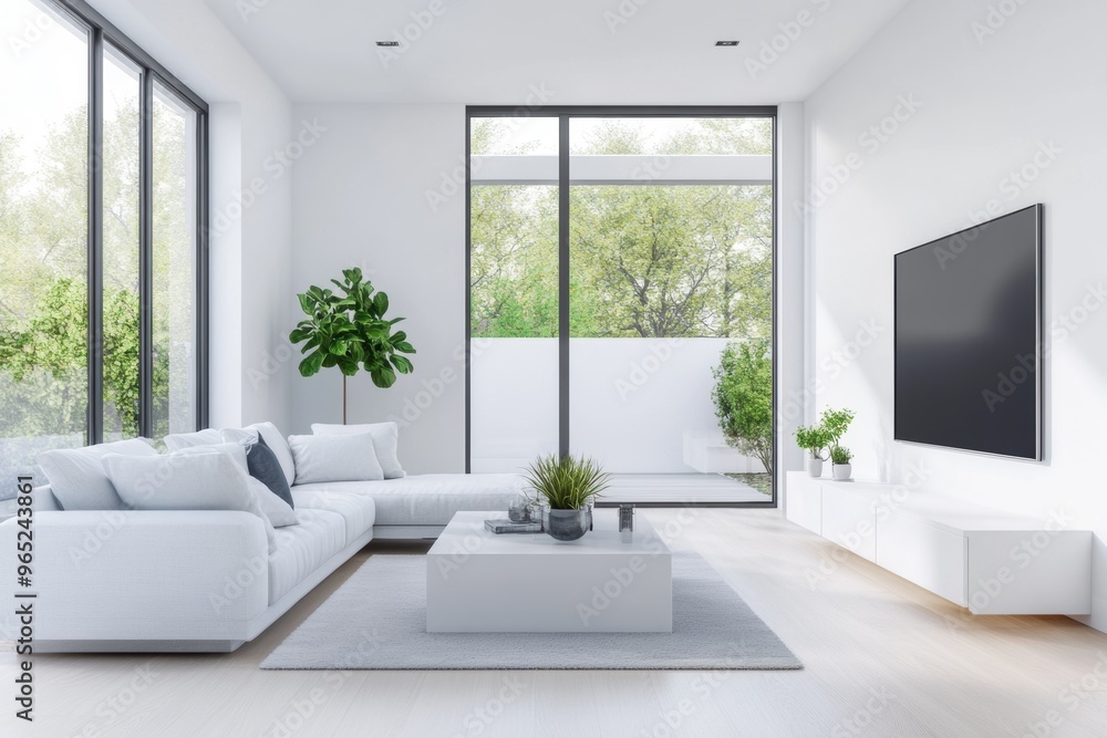 Fototapeta premium A minimalist, clean living room with a symmetrical design, showcasing modern simplicity and balance. 